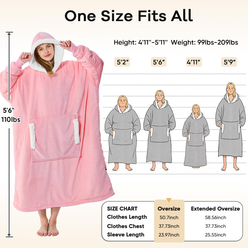 yescool Wearable Blanket Hoodie - Gifts for Women Her Girlfriend, Birthday Christmas Gifts For Mom, Oversized Flannel Sherpa Blanket Sweatshirt, One Size Fits All (Pink) - Image 4