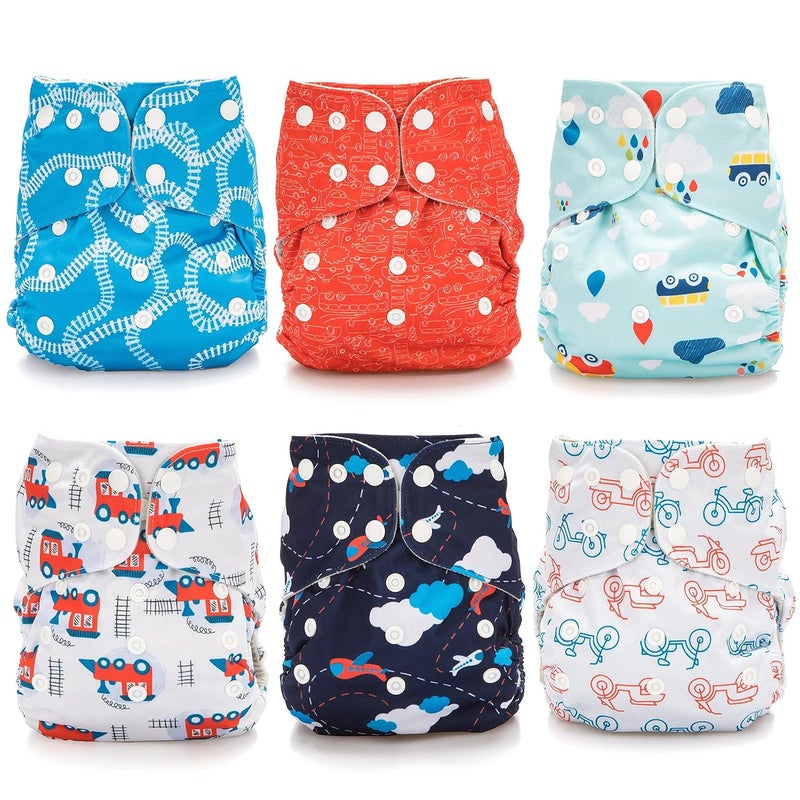 Simple Being Reusable Cloth Diapers, One Size Adjustable, Washable Soft Absorbent, Waterproof Cover, Eco-Friendly Unisex Baby Girl Boy, six 4-Layers Microfiber Inserts (Planes/Trains) - Image 2