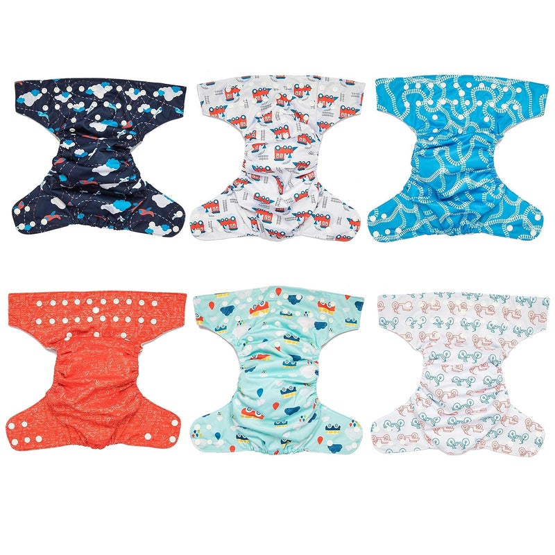 Simple Being Reusable Cloth Diapers, One Size Adjustable, Washable Soft Absorbent, Waterproof Cover, Eco-Friendly Unisex Baby Girl Boy, six 4-Layers Microfiber Inserts (Planes/Trains) - Image 4