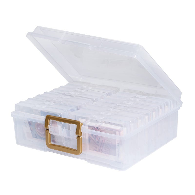 novelinks Transparent 4" x 6" Photo Organizers and Photo Storage Box with Handle, 16 Inner Photo Cases, Portable Picture Organizers & Photo Storage Containers (Clear-Gold Handle) - Image 1