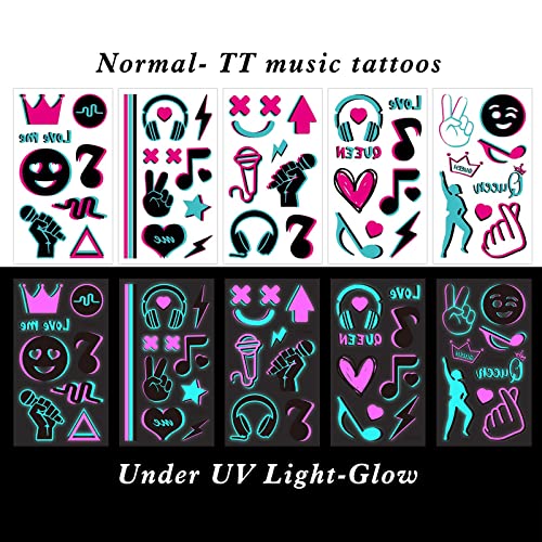 Konsait 10 Sheets Glow in the Dark Tattoos for Kids Adults - Safe and Easy to Use Neon Temporary Music Notes UV Blacklight Tattoos - Glow in the Dark Party Makeup Supplies and Favors - Image 4