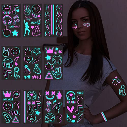 Konsait 10 Sheets Glow in the Dark Tattoos for Kids Adults - Safe and Easy to Use Neon Temporary Music Notes UV Blacklight Tattoos - Glow in the Dark Party Makeup Supplies and Favors - Image 1