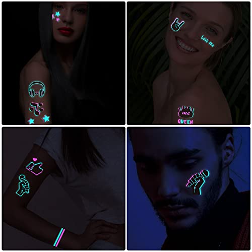 Konsait 10 Sheets Glow in the Dark Tattoos for Kids Adults - Safe and Easy to Use Neon Temporary Music Notes UV Blacklight Tattoos - Glow in the Dark Party Makeup Supplies and Favors - Image 5