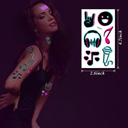 Konsait 10 Sheets Glow in the Dark Tattoos for Kids Adults - Safe and Easy to Use Neon Temporary Music Notes UV Blacklight Tattoos - Glow in the Dark Party Makeup Supplies and Favors - Image 2