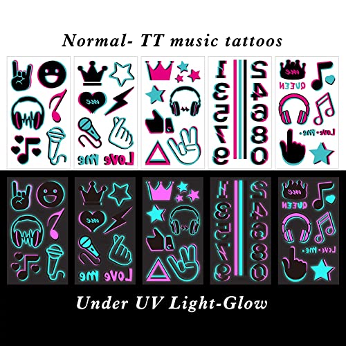 Konsait 10 Sheets Glow in the Dark Tattoos for Kids Adults - Safe and Easy to Use Neon Temporary Music Notes UV Blacklight Tattoos - Glow in the Dark Party Makeup Supplies and Favors - Image 3