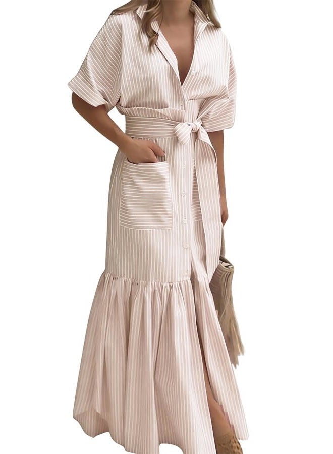 utcoco Women's 2025 Summer Casual Striped Button Down Maxi Dress Tie Waist Short Sleeve Shirt Dress with Pockets, Khaki, L - Image 1