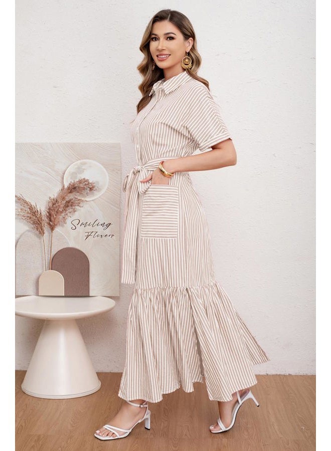 utcoco Women's 2025 Summer Casual Striped Button Down Maxi Dress Tie Waist Short Sleeve Shirt Dress with Pockets, Khaki, L - Image 5
