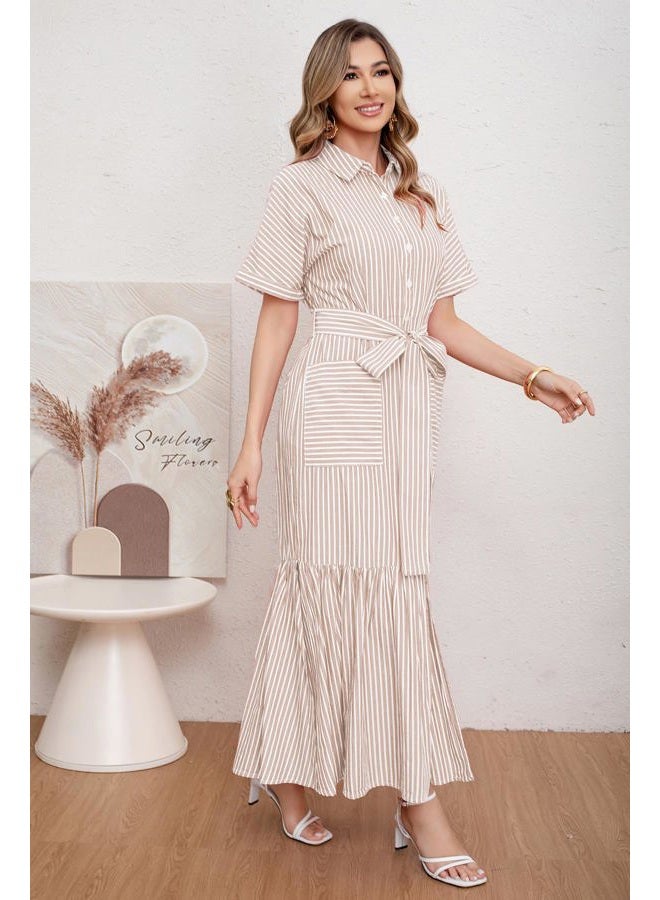 utcoco Women's 2025 Summer Casual Striped Button Down Maxi Dress Tie Waist Short Sleeve Shirt Dress with Pockets, Khaki, L - Image 3