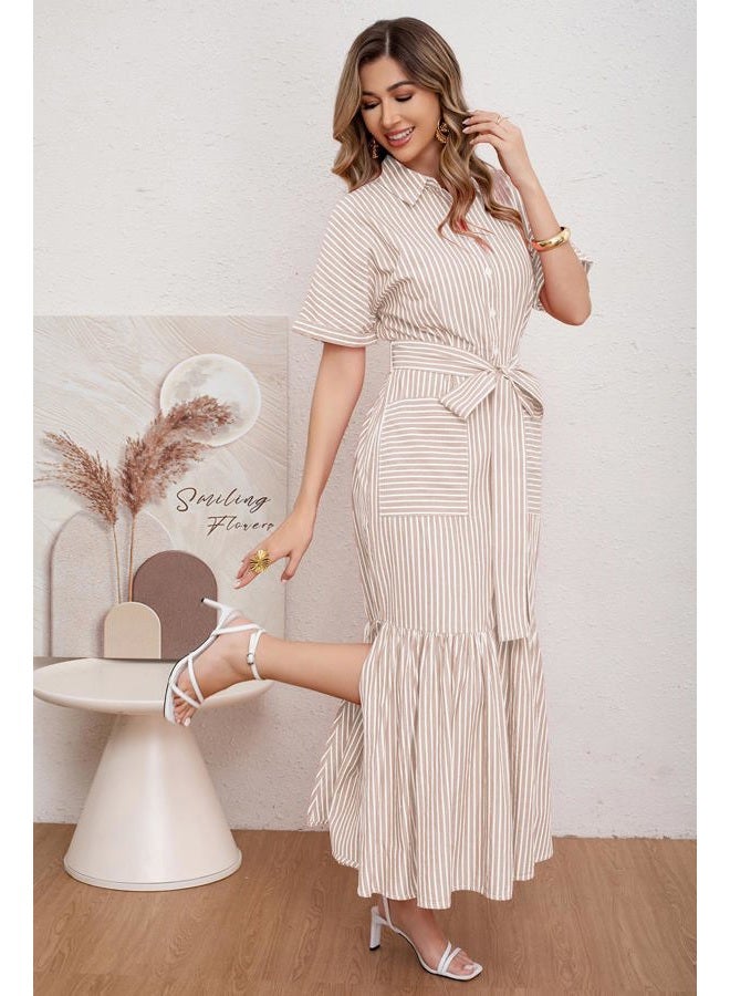 utcoco Women's 2025 Summer Casual Striped Button Down Maxi Dress Tie Waist Short Sleeve Shirt Dress with Pockets, Khaki, L - Image 4