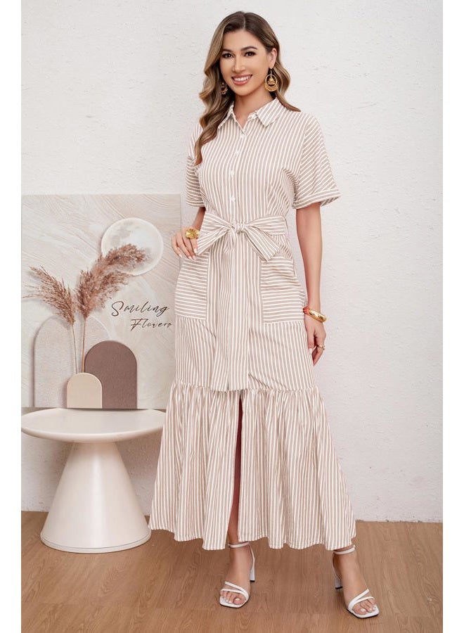 utcoco Women's 2025 Summer Casual Striped Button Down Maxi Dress Tie Waist Short Sleeve Shirt Dress with Pockets, Khaki, L - Image 2