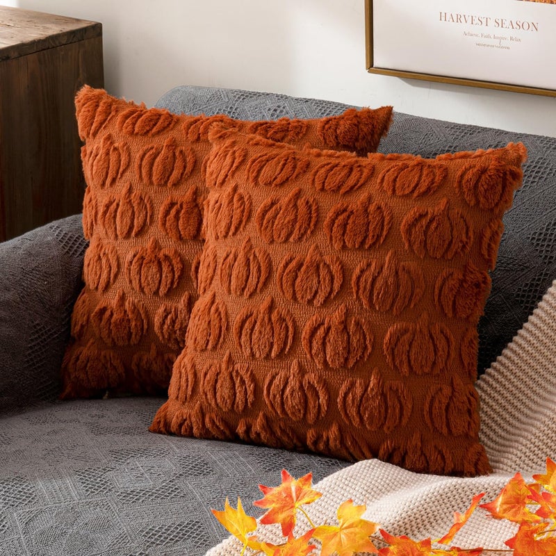 ANRODUO Fall Decorations 18x18 Set of 2 Fall Pillow Covers Autumn Dark Rust Pumpkin Throw Pillow Covers Fluffy Plush Faux Fur Wool Couch Cushion Case for Bed Sofa Bedroom Living Room Halloween Decor - Image 1