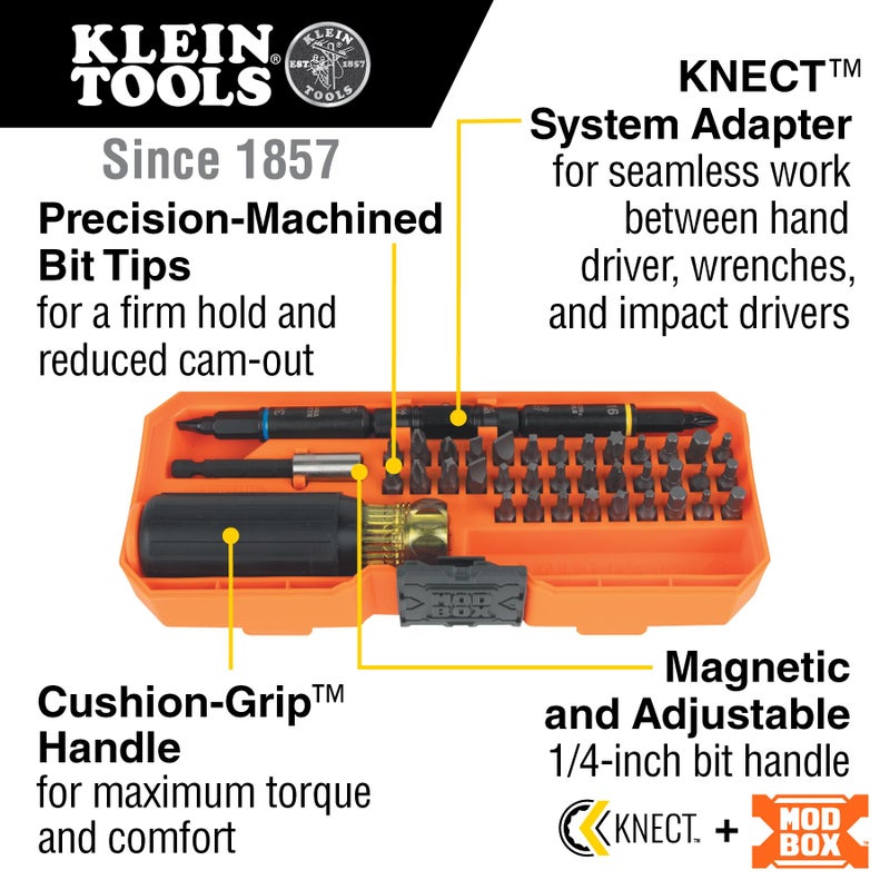 Klein Tools 32501HD KNECT 46-Piece Impact-Rated Multi-Bit Screwdriver and Nut Driver Set with MODbox Case, 39 Bits, 4 Nut Drivers, Bit Holder, Handle - Image 2