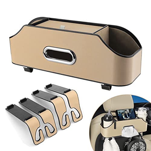 HALOYIVGO Car Seat Back Organizer - Stylish & Functional Storage for Family Adventures - Cup Holders, Tissue Box & Hooks - Perfect for Kids, Road Trips & Travel (Beige) - Image 1