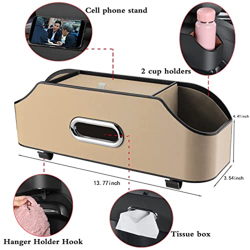 HALOYIVGO Car Seat Back Organizer - Stylish & Functional Storage for Family Adventures - Cup Holders, Tissue Box & Hooks - Perfect for Kids, Road Trips & Travel (Beige) - Image 2