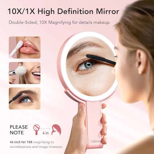 LitBear Travel Makeup Mirror with Lights, Rechargeable Double-Sided 10X/1X Magnifying Mirror, Portable Lighted Beauty Mirror, 3 Color Lighting, Dimmable Touch Screen, Tabletop Handhold Hanging (Pink) - Image 3