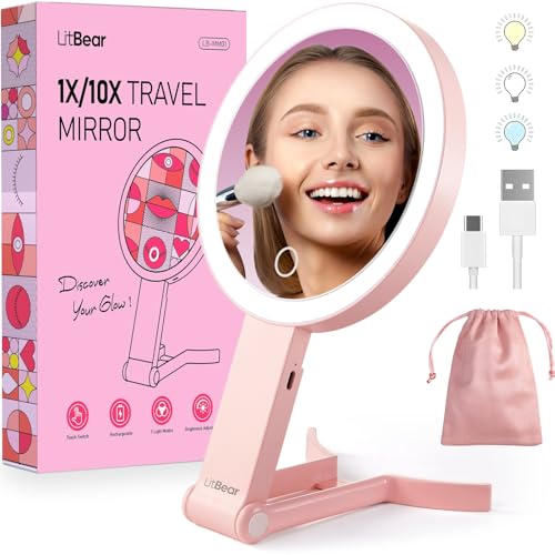 LitBear Travel Makeup Mirror with Lights, Rechargeable Double-Sided 10X/1X Magnifying Mirror, Portable Lighted Beauty Mirror, 3 Color Lighting, Dimmable Touch Screen, Tabletop Handhold Hanging (Pink) - Image 1