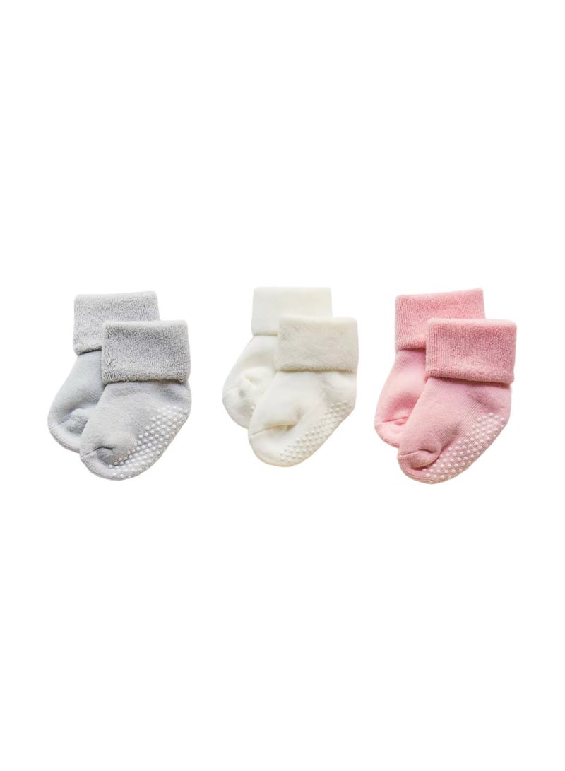 Lion Llama Baby Girl Socks Set of 3 Pairs | Anti-Slip Terry Cotton Crew Socks for baby girls | Grey, Cream & Pink - Image 1