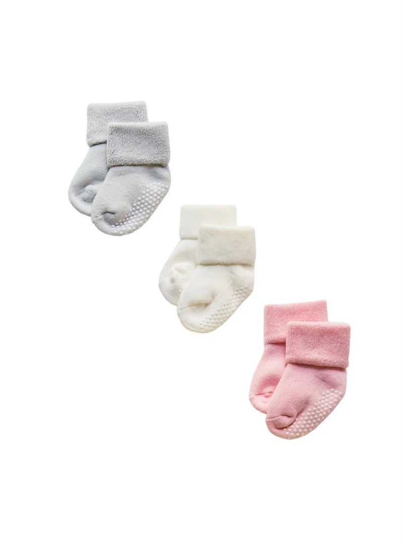 Lion Llama Baby Girl Socks Set of 3 Pairs | Anti-Slip Terry Cotton Crew Socks for baby girls | Grey, Cream & Pink - Image 3