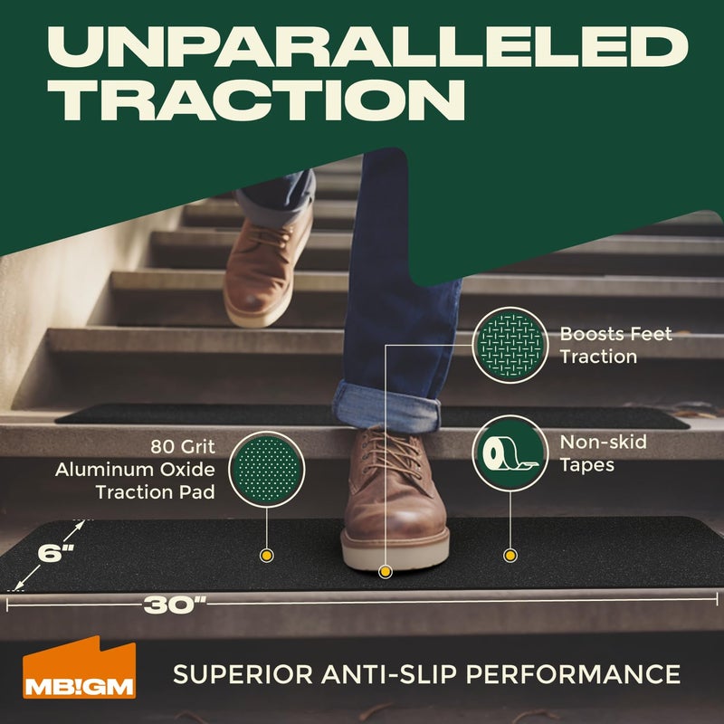 Mbigm 12-Pack 6"" X 30"" Pre-Cut Stair Treads 80 Grit Non-Slip Outdoor Tape Black Heavy Duty Anti-Slip Traction Adhesive Strips For Staircase Outdoor Deck Stair Treads - Outdoor Anti Slip Stair Treads - Image 2