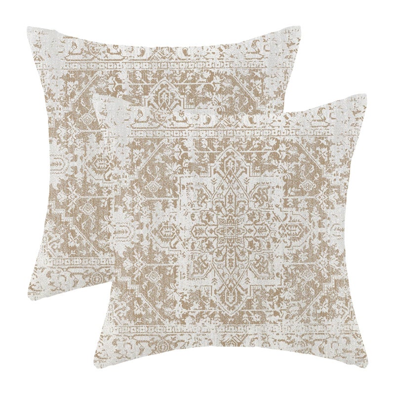 AEIOAE Boho Pillow Covers 20x20 Inch Set of 2,Carpet Pattern Throw Pillows Case,Brown Beige White Ethnic Design Outdoor Decorative Square Linen Farmhouse Decor Cushion Covers for Home Sofa Bed Couch - Image 1