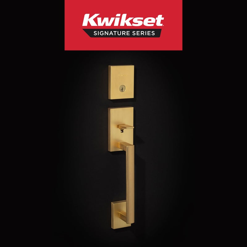 Kwikset San Clemente Front Door Lock Handle and Deadbolt Set, Entry Handleset Exterior with Interior Reversible Lever, Satin Brass, Pick Resistant SmartKey Deadbolt Security, with Microban Protection - Image 2