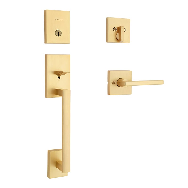 Kwikset San Clemente Front Door Lock Handle and Deadbolt Set, Entry Handleset Exterior with Interior Reversible Lever, Satin Brass, Pick Resistant SmartKey Deadbolt Security, with Microban Protection - Image 1