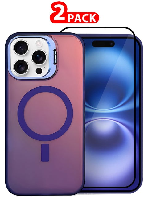( iPhone 16 Pro Max ) 2 Pack, Case and Screen Protector, Gradient Holographic Iridescent MagSafe Case,Kickstand Case Cover / Holographic Dark Purple Colour