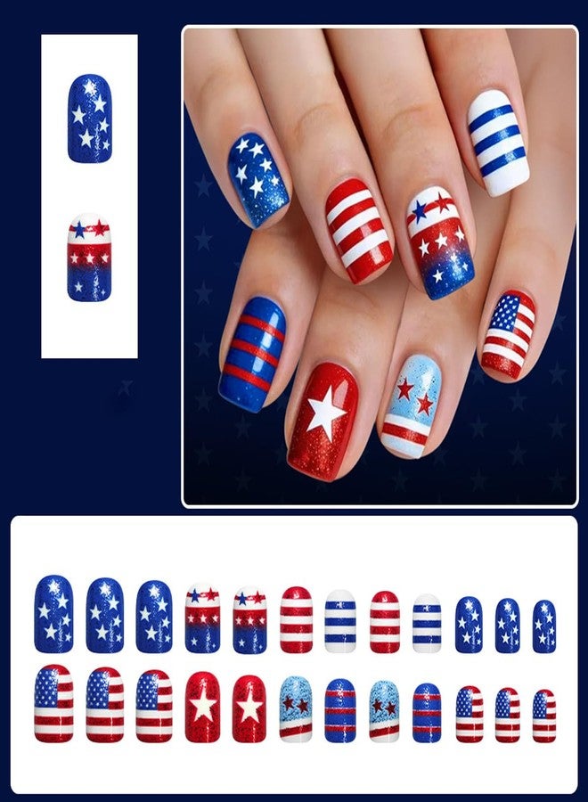 BYJKYEN 4th of July Press on Nails Short Square Fake Nails 24Pcs American Flag Patriotic False Nails with Glitter Stars Design Independence Day Nail for Women Holiday Manicure Accessories - Image 2