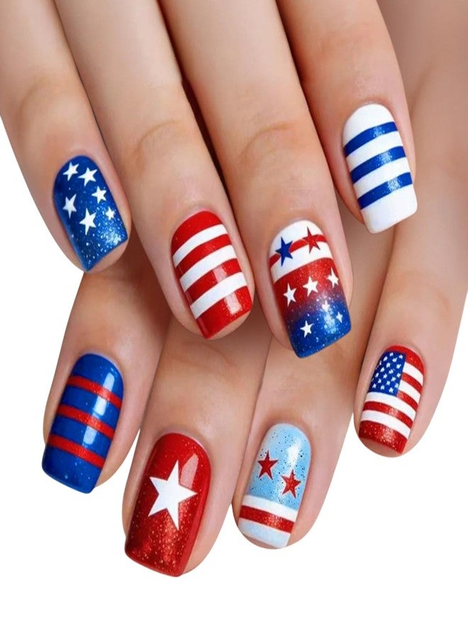 BYJKYEN 4th of July Press on Nails Short Square Fake Nails 24Pcs American Flag Patriotic False Nails with Glitter Stars Design Independence Day Nail for Women Holiday Manicure Accessories - Image 1