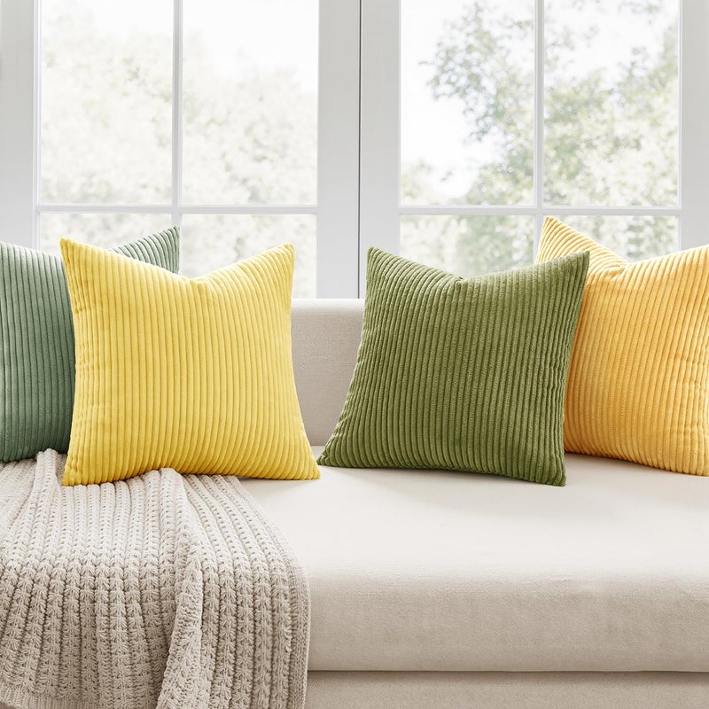 MIULEE Boho Farmhouse Yellow Green Throw Pillow Covers 18x18 Inch Set of 4 Mordern Nordic Cushion Covers Soft Corduroy Spring Home Decor for Couch Bed Sofa Living Room - Image 2