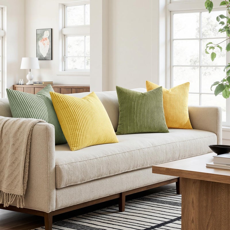 MIULEE Boho Farmhouse Yellow Green Throw Pillow Covers 18x18 Inch Set of 4 Mordern Nordic Cushion Covers Soft Corduroy Spring Home Decor for Couch Bed Sofa Living Room - Image 3