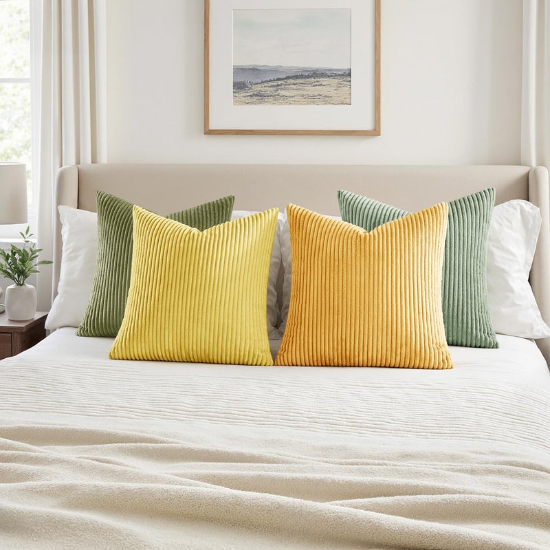 MIULEE Boho Farmhouse Yellow Green Throw Pillow Covers 18x18 Inch Set of 4 Mordern Nordic Cushion Covers Soft Corduroy Spring Home Decor for Couch Bed Sofa Living Room - Image 4