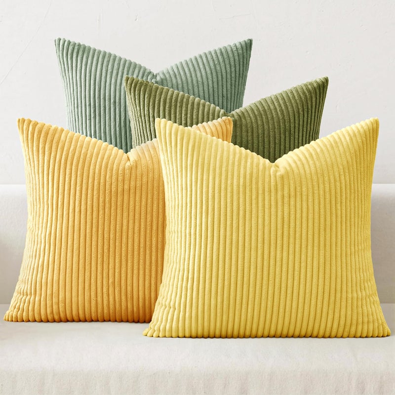 MIULEE Boho Farmhouse Yellow Green Throw Pillow Covers 18x18 Inch Set of 4 Mordern Nordic Cushion Covers Soft Corduroy Spring Home Decor for Couch Bed Sofa Living Room - Image 1