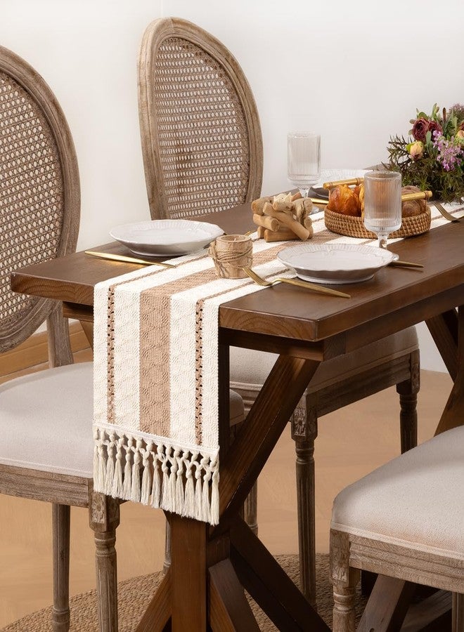DeZerlor Boho Macrame Table Runner Fall Farmhouse Woven Small Table Runner with Tassels 36 Inches Ivory& Khaki Cotton Linen Kitchen Table Centerpiece for Dining Dresser Home Tea Table Decor - Image 3