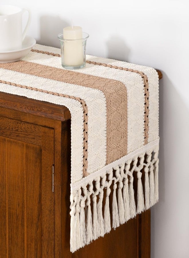 DeZerlor Boho Macrame Table Runner Fall Farmhouse Woven Small Table Runner with Tassels 36 Inches Ivory& Khaki Cotton Linen Kitchen Table Centerpiece for Dining Dresser Home Tea Table Decor - Image 4