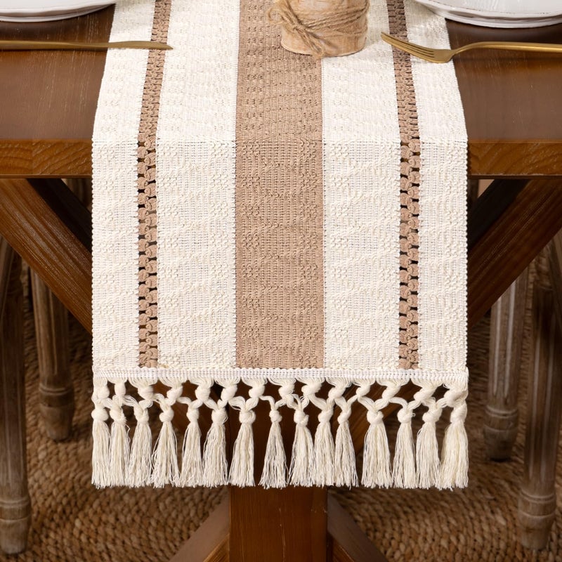 DeZerlor Boho Macrame Table Runner Fall Farmhouse Woven Small Table Runner with Tassels 36 Inches Ivory& Khaki Cotton Linen Kitchen Table Centerpiece for Dining Dresser Home Tea Table Decor - Image 1