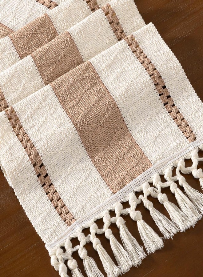 DeZerlor Boho Macrame Table Runner Fall Farmhouse Woven Small Table Runner with Tassels 36 Inches Ivory& Khaki Cotton Linen Kitchen Table Centerpiece for Dining Dresser Home Tea Table Decor - Image 2