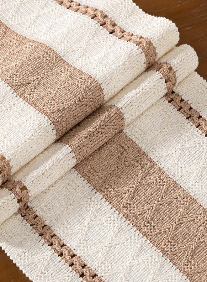 DeZerlor Boho Macrame Table Runner Fall Farmhouse Woven Small Table Runner with Tassels 36 Inches Ivory& Khaki Cotton Linen Kitchen Table Centerpiece for Dining Dresser Home Tea Table Decor - Image 5
