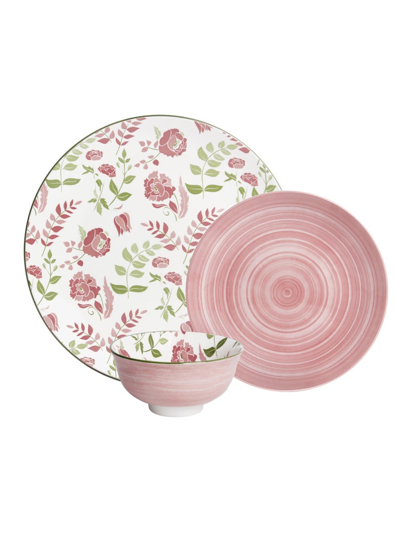Shallow Porcelain Arlo Dinner Set, 12 Pieces, Pink, (4 Dinner Plates, 4 Side Plates, 4 Small Bowl) - Image 1