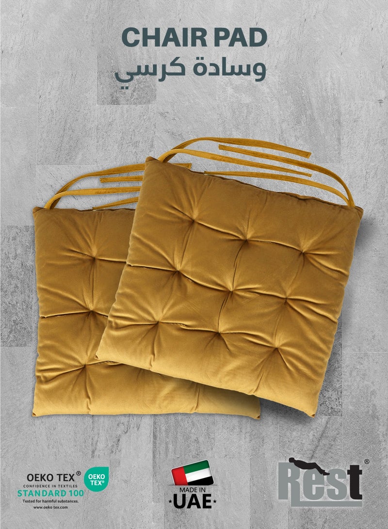 REST Pack of 2 Velvet Soft Chair Pad with Seat Ties Suitable for Garden , Kitchen and Office Chairs Indoor and Outdoor  Mustard 40x40cm - Image 1