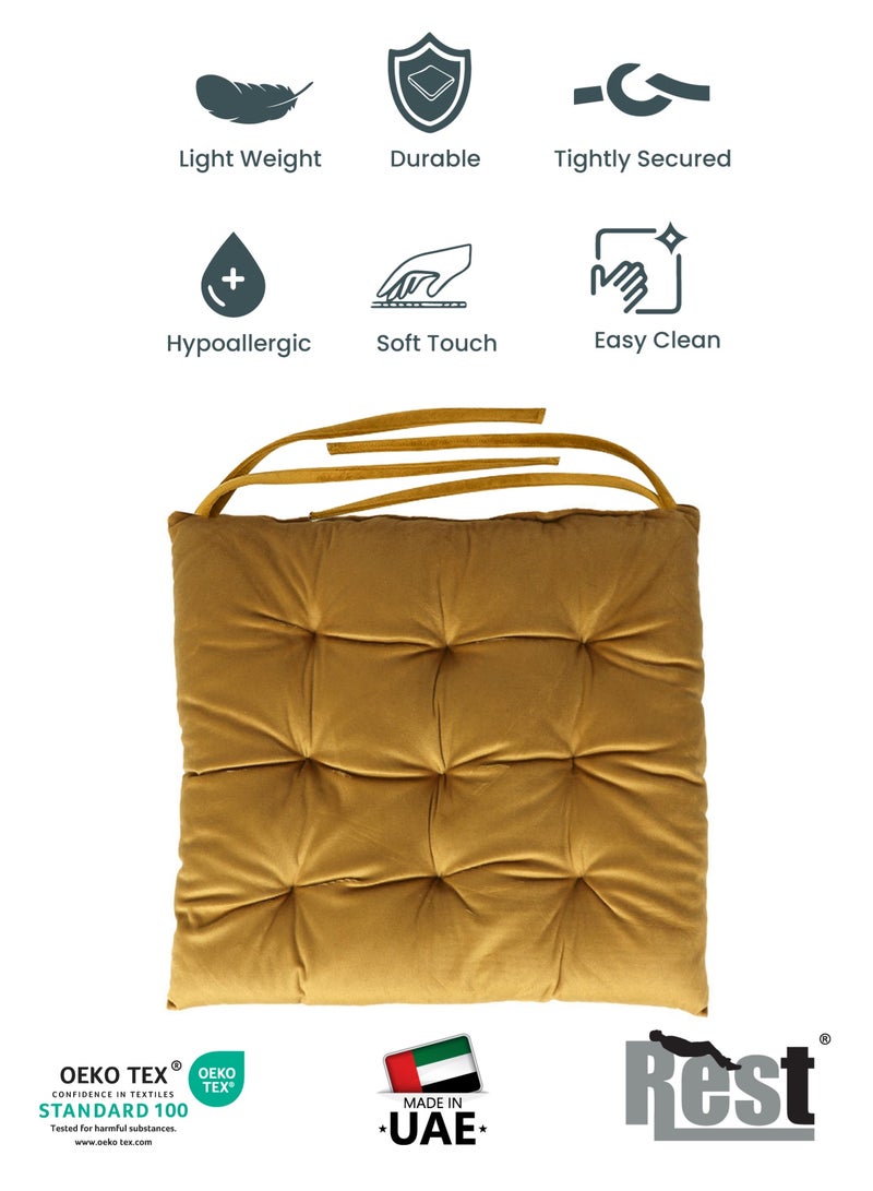 REST Pack of 2 Velvet Soft Chair Pad with Seat Ties Suitable for Garden , Kitchen and Office Chairs Indoor and Outdoor  Mustard 40x40cm - Image 4