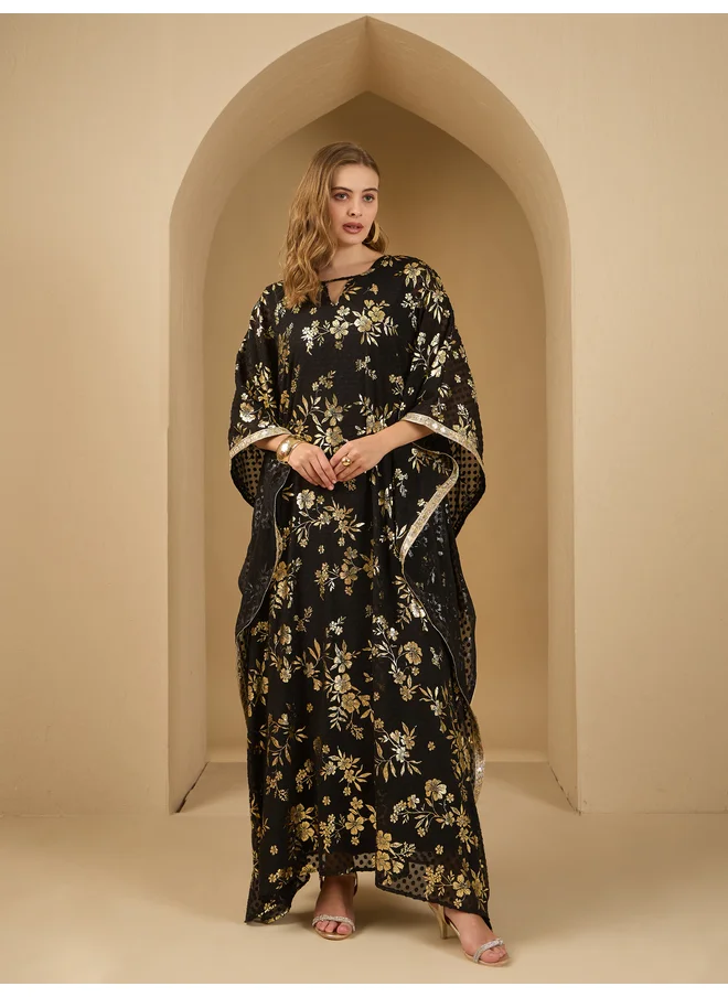 أميرة Amirah All-Over Floral Foil Print Dobby Chiffon Kaftan with Inner Dress