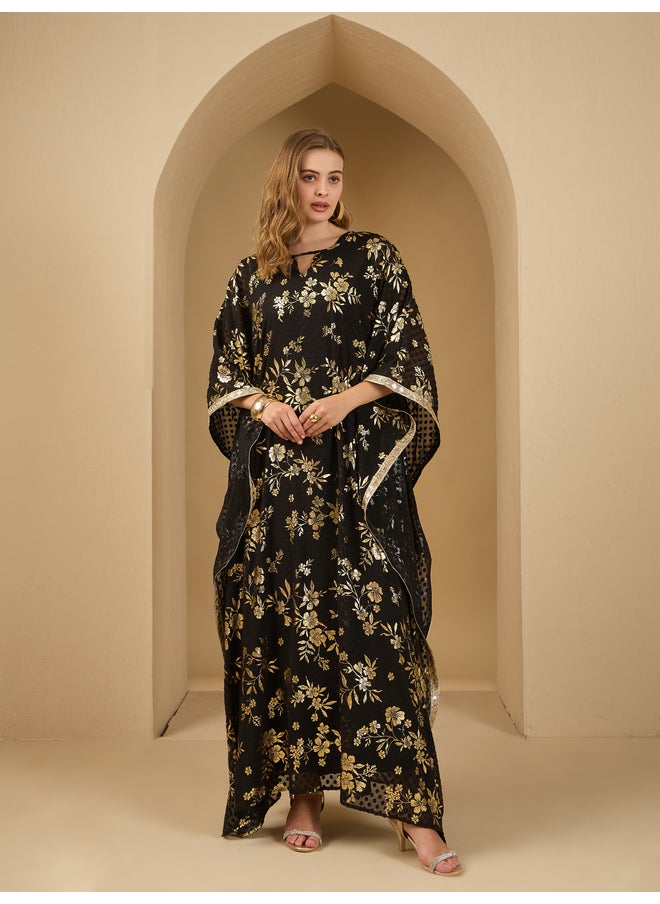 Styli Amirah All-Over Floral Foil Print Dobby Chiffon Kaftan with Inner Dress  - Image 2