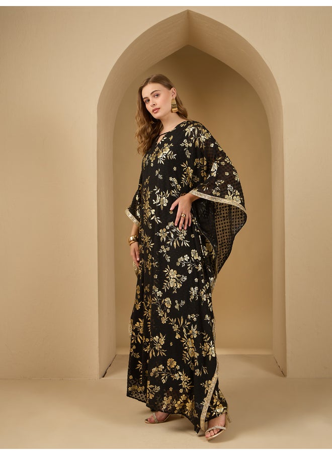 Styli Amirah All-Over Floral Foil Print Dobby Chiffon Kaftan with Inner Dress  - Image 3