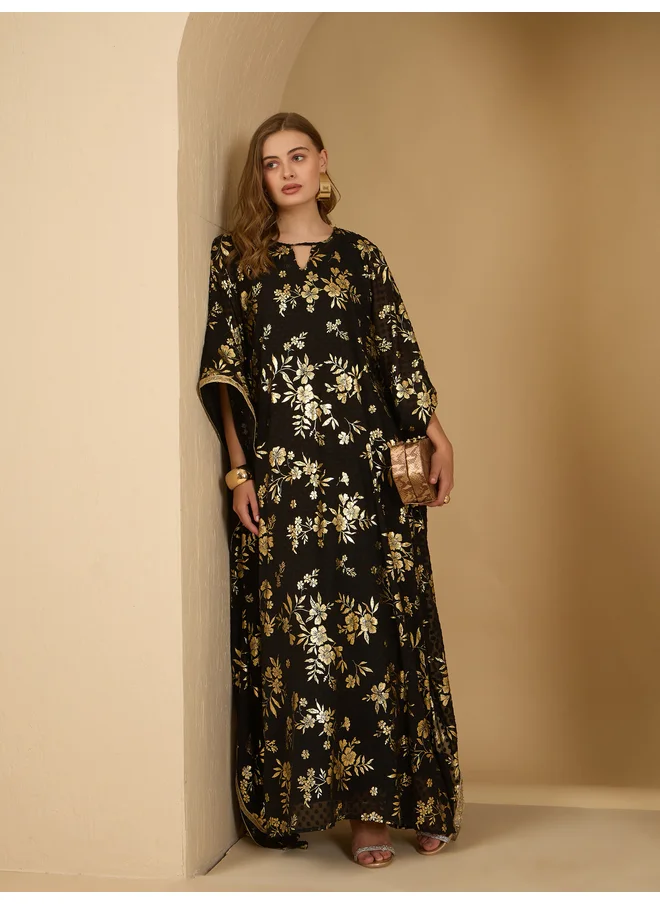 أميرة Amirah All-Over Floral Foil Print Dobby Chiffon Kaftan with Inner Dress