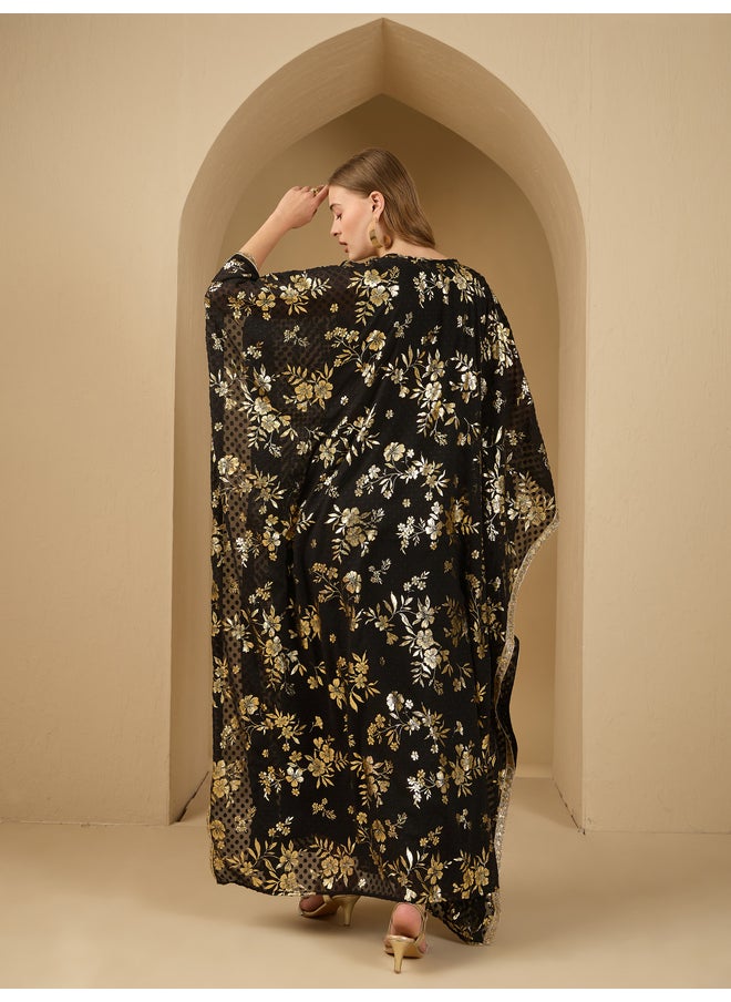 Styli Amirah All-Over Floral Foil Print Dobby Chiffon Kaftan with Inner Dress  - Image 5