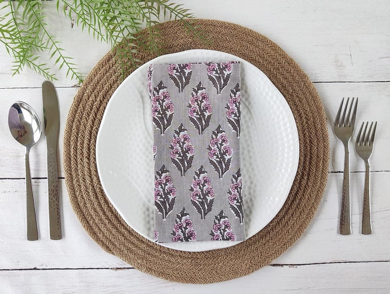 AVKA Studio Thin Cotton Dinner Napkins 18x18 in  Washable Cloth Soft Napkins Set of 12  Everyday Use or Dinner Party and Events  Grey and Pink Floral Lightweight Indian Block Print Soft Fabric - Image 3