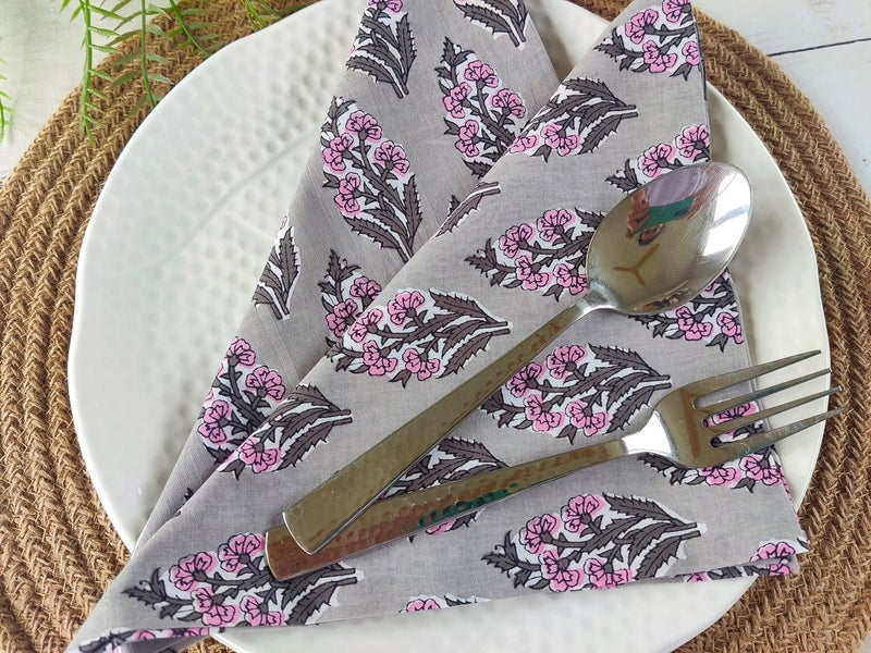 AVKA Studio Thin Cotton Dinner Napkins 18x18 in  Washable Cloth Soft Napkins Set of 12  Everyday Use or Dinner Party and Events  Grey and Pink Floral Lightweight Indian Block Print Soft Fabric - Image 2
