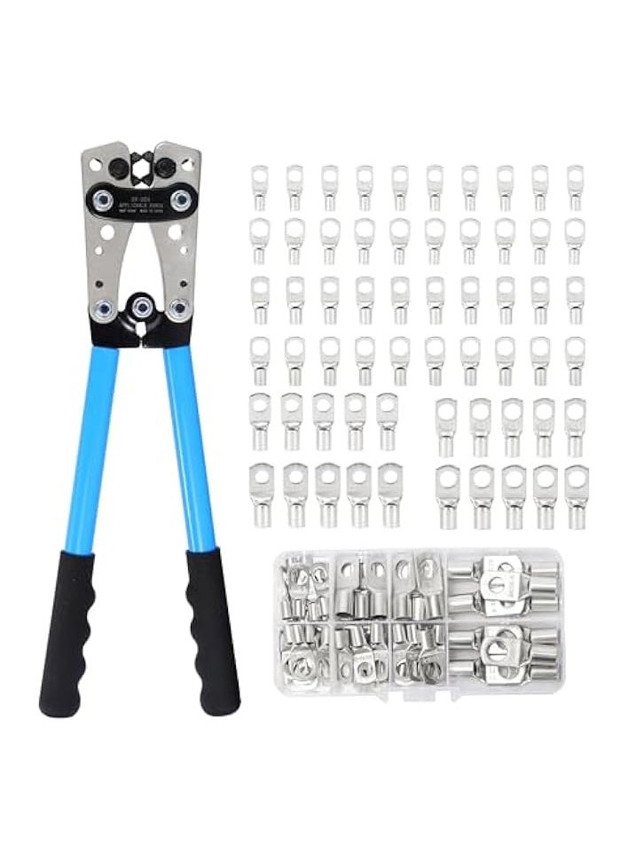 PROMASS Battery Cable Crimping Tool Kit, AWG 1/0-8 with 60PCS Copper Ring Terminals, 8 Sizes, Heavy Duty Lug Crimper for Wire Lugs, Battery Terminals, Copper Lugs  - Image 1