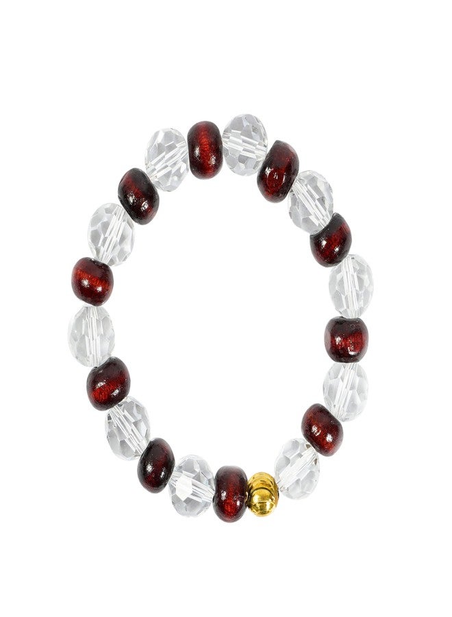 STRIPES® Natural Original Wood and Clear Crystal Quartz Reiki Chakras Bracelet for Men & Women, Stretchable Band 6.5 to 7.5 in, Crystal Bead Size: 10mm - Image 1
